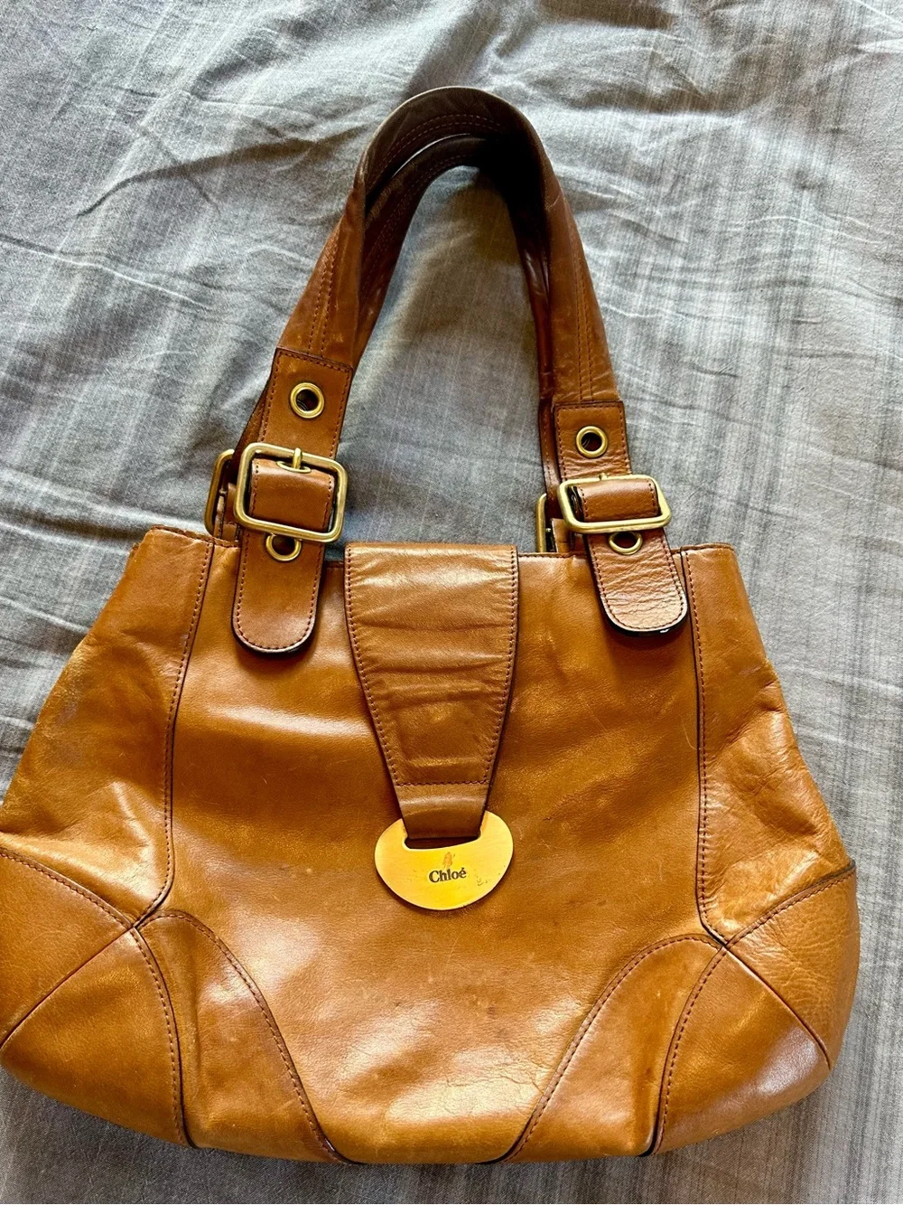 Chloe Cognac Leather Shoulder Bag with Gold Hardware